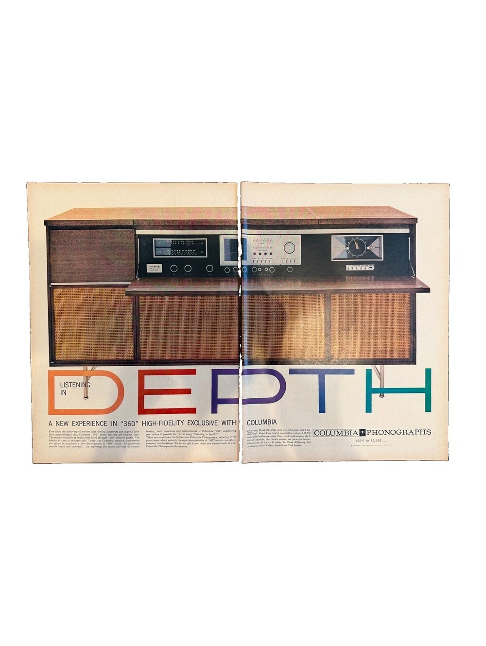 1957 Listening In Depth Columbia Phonographs Print Ad 2 Pages High Fidelity